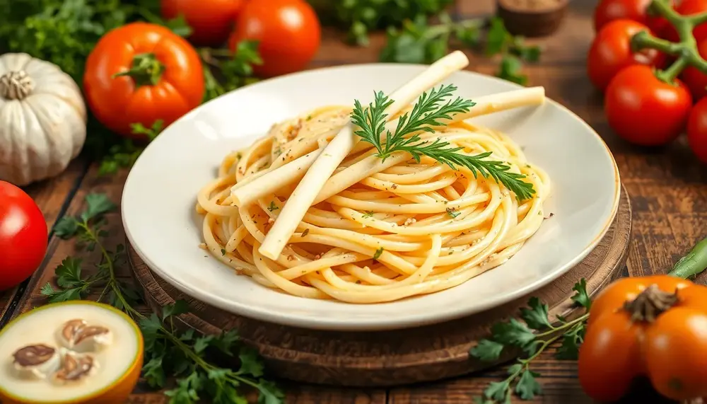 Leckere Pasta mit frischem weißen Spargel - vegan zubereitet